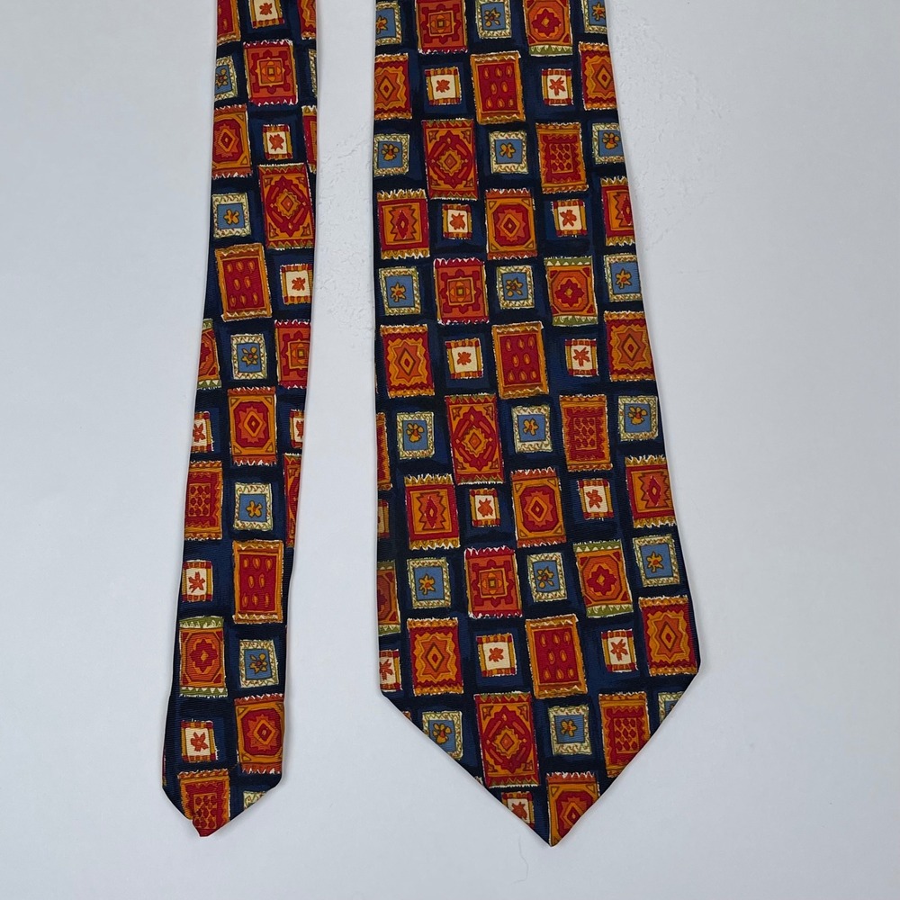 Gian Marco Venturi Silk Tie Necktie Mens Blue Orange Geometric Rug Pattern Italy - Picture 3 of 7
